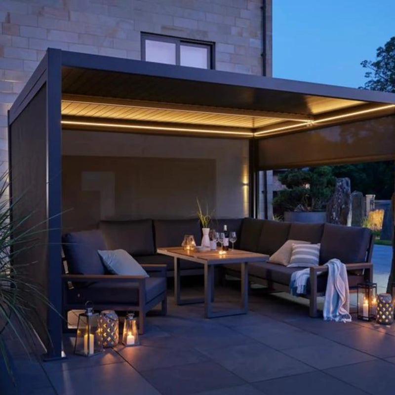 Royce Cube anthracite grey aluminium pergola night time
