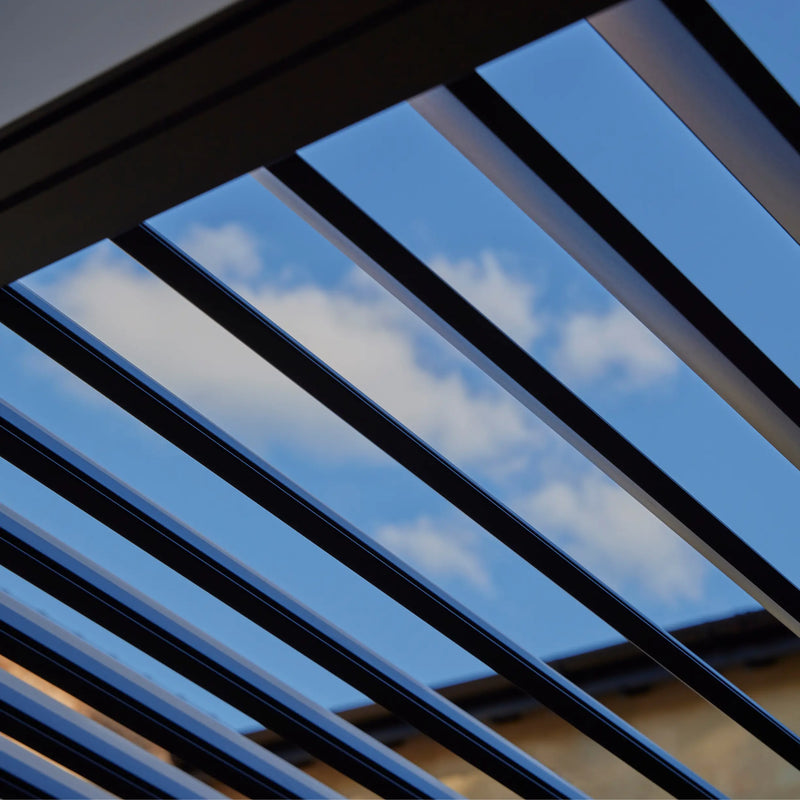 Royce Cube anthracite grey aluminium pergola double skinned adjustable louvre panels upward view