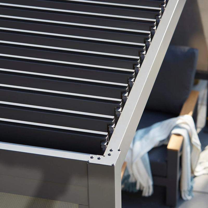 Royce Cube anthracite grey aluminium pergola double skinned adjustable louvre panels