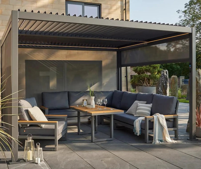 Royce Cube 4x4m anthracite grey aluminium pergola with adjustable louvred roof