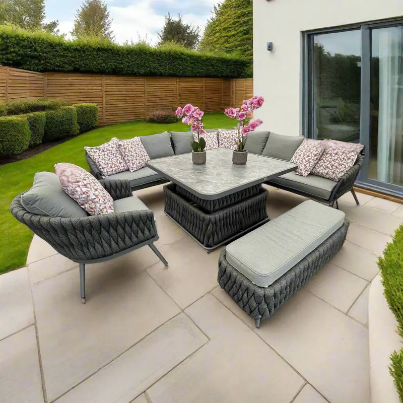 Chelsea Large Outdoor Corner Sofa Dining Lounging Set with Rise & Fall Table | Grey | Seats 8 Grace Bay