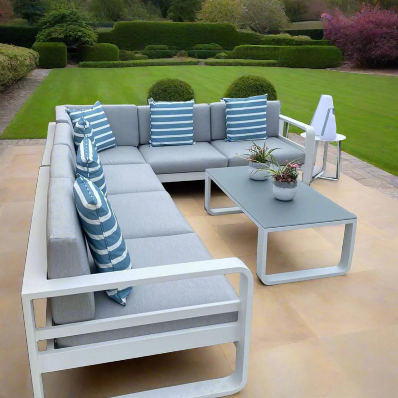 Jati & Kebon Coral Corner 6 Seat Garden Lounge Set - White Aluminium Frame  - Grey Sunbrella Cushions Jati & Kebon