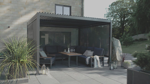Royce Cube anthracite grey aluminium pergola with adjustable louvred roof video