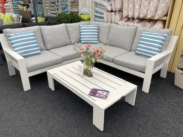 Jati & Kebon Cove 5 Seat Outdoor Corner Set White Sunbrella Cushions Jati & Kebon