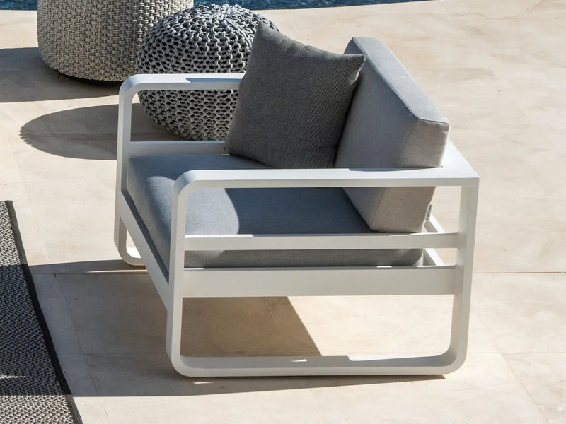 Jati & Kebon Coral Aluminium Garden Armchair - White Frame - Grey Sunbrella Cushions Jati & Kebon