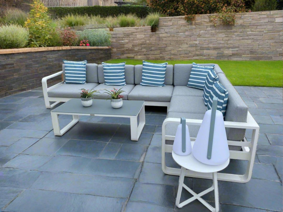 Jati & Kebon Coral Corner 6 Seat Garden Lounge Set - White Aluminium Frame  - Grey Cushions